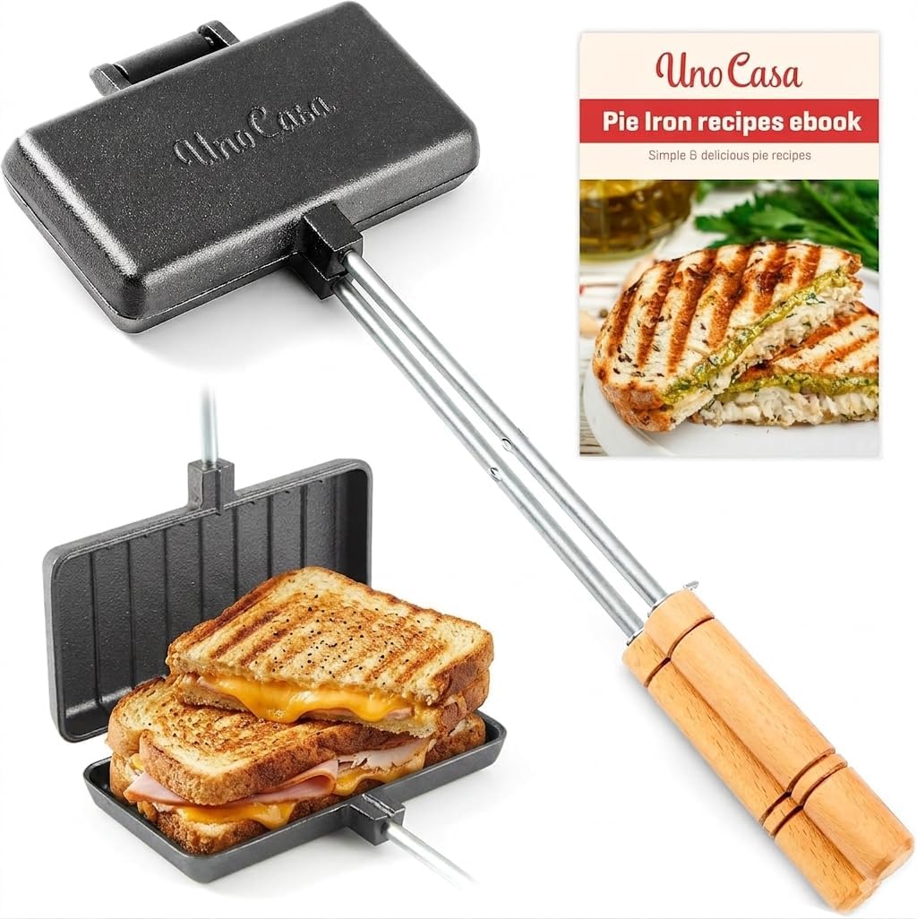 Uno Casa - Sándwich XL de Hierro Fundido Sándwich Maker - Sándwich Japonés Campamento con Libro Recetas - Equipo Cocina Fuego Campamento Duradero para Tartas Tostadas y Más