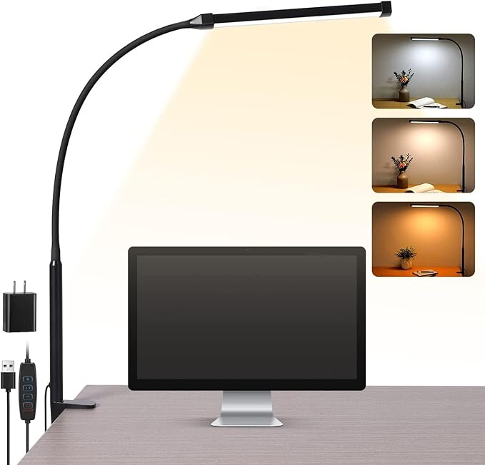 Voncerus Lámpara de escritorio LED con abrazadera, luces de clip para el cuidado de los ojos para el hogar y la oficina, 3 modos 10 niveles de brillo, cuello de ganso flexible largo, lámparas de mesa