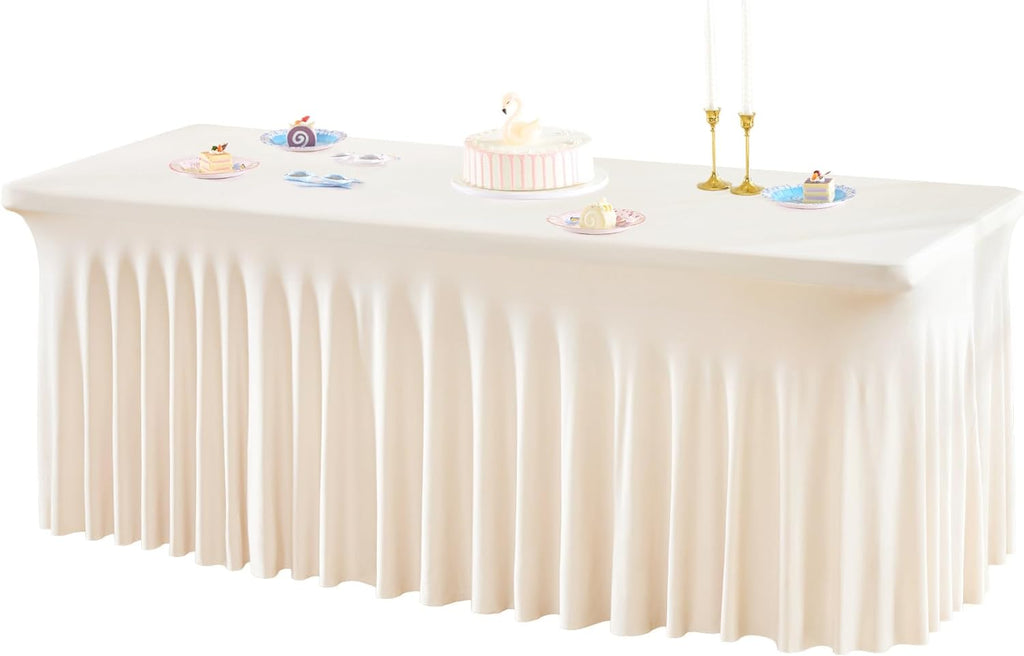 1 paquete de manteles color marfil para mesas rectangulares de 1,80 m, de una sola pieza, de spandex elástico resistente a las arrugas, con faldón, para eventos, banquetes, bodas y fiestas de cumpleaños.