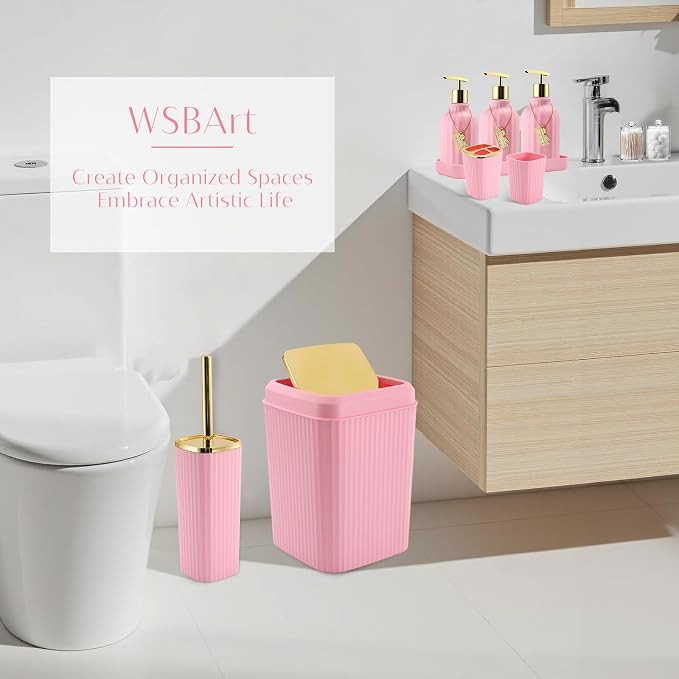 Set de Accesorios de Baño WSBArt 17 Piezas — SIN Cepillo de Inodoro — Papelera, Dispensadores de Jabón e Hisopos, Rosa