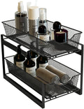 Organizador de baño IBERG de 2 niveles con cajón extraíble, organizador de almacenamiento debajo del fregadero para armario de cocina, cesta deslizante de metal (negro)