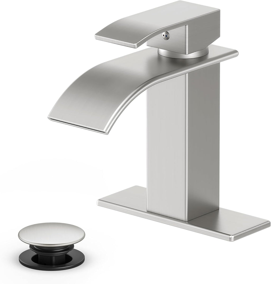 INCOMPLETO-Grifo de baño tipo cascada, acero inoxidable de níquel cepillado, 1 manija