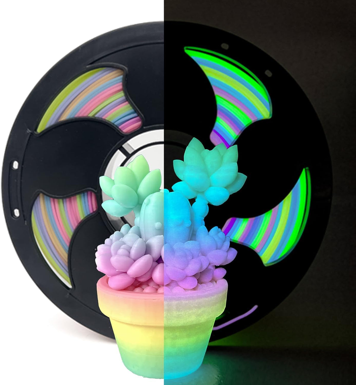 Filamento PLA Fluorescente Degradado Arcoíris 1.75mm | Brilla en la Oscuridad, Colores Vibrantes | Impresión 3D | Bobina 750G