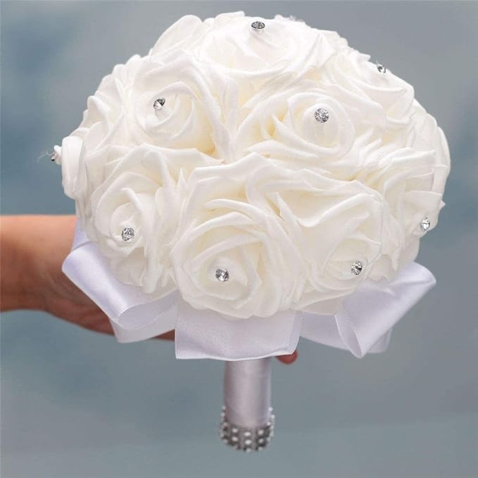 Ramo de Novia WIFELAI-A – Rosas Artificiales PE con Diamantes y Cintas Suaves, Color Marfil Crema, Para Boda, Damas de Honor e Iglesia (Diám. 21 cm x Alto 25 cm)