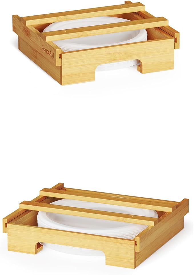 SpaceAid Dispensador de platos de papel de 9 y 12 pulgadas, soporte para platos de bambú debajo del gabinete, soportes verticales para encimera de cocina