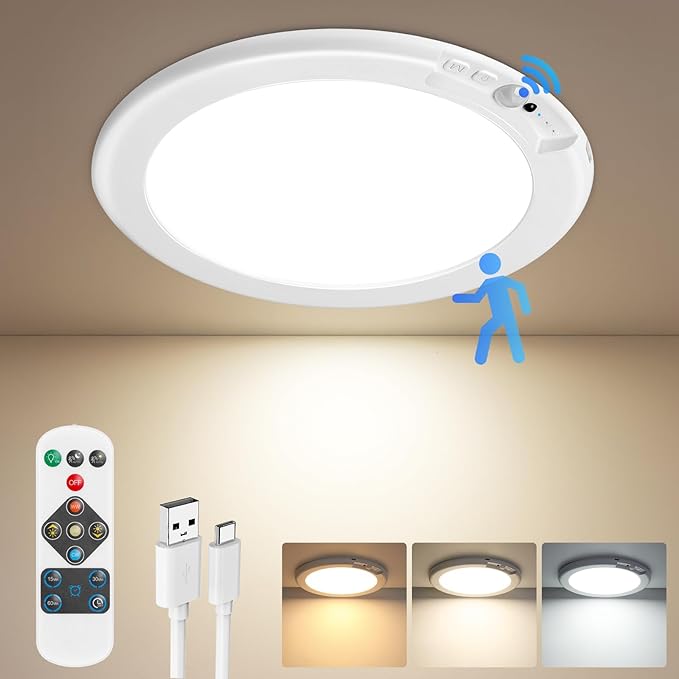 Luz de techo recargable con sensor de movimiento y control remoto, luz de armario operada por batería sin cableado, luces de ducha LED inalámbricas, lámpara de techo interior regulable de 3 colores