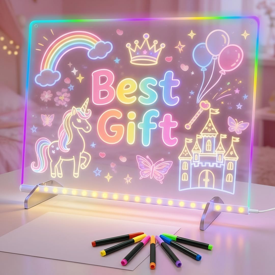 LED Drawing Board, Class Valentines Day Gifts for Kids Toys, 17" Light Up Acrylic Dry Erase Led Note Board with Colors, Doodle Glow Board, Magic Drawing Tablet as Birthday Gifts for Girls Boys