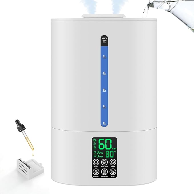 Humidificador 6L Frío y Caliente — Difusor de Aceites Esenciales, Boquilla 360°, Silencioso para Dormitorio, Bebé y Plantas, Blanco