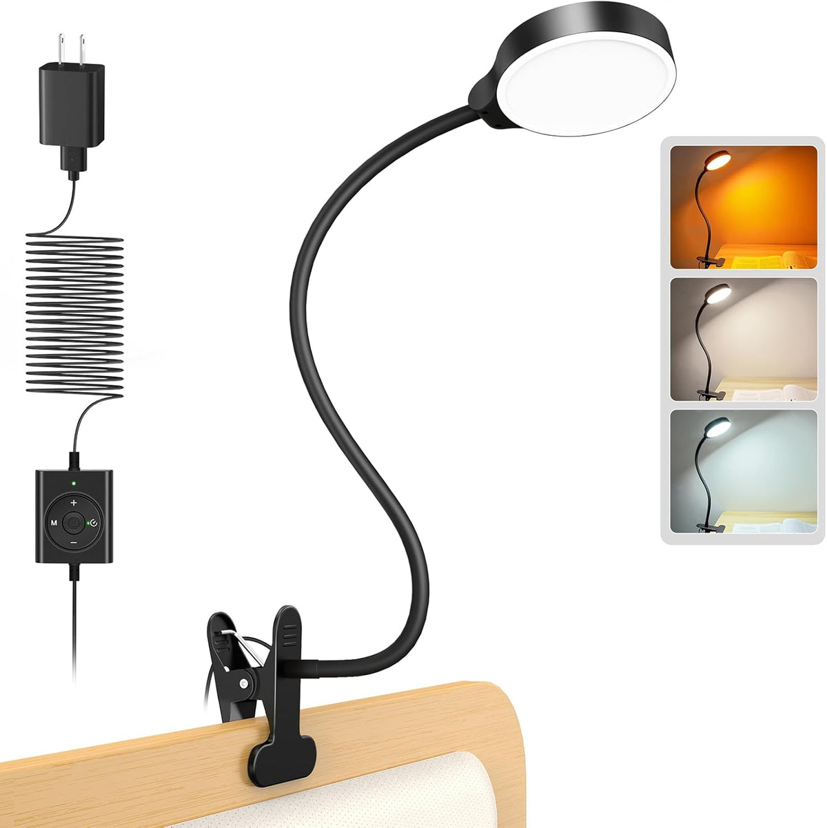 Glocusent Lámpara LED de Lectura 5W con Pinza – 36 LED, 3 Colores, 5 Niveles de Brillo | Ideal para Cama, Litera y Escritorio