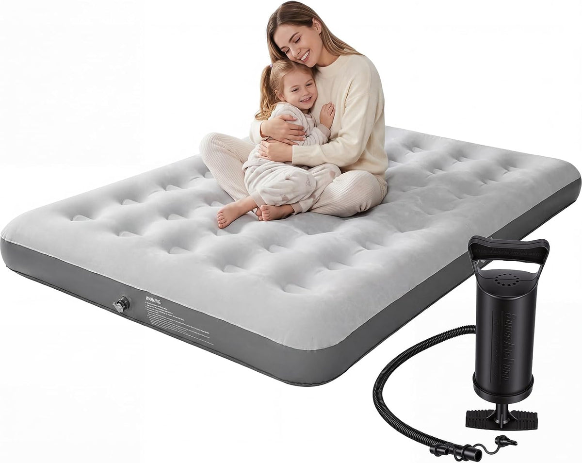 Colchón inflable QQS tamaño Queen con bomba manual, cama inflable elevada de 21,8 cm (8,6 pulgadas), soporta hasta 100 kg (220 lb), ideal para invitados, tiendas de campaña, viajes y uso doméstico.