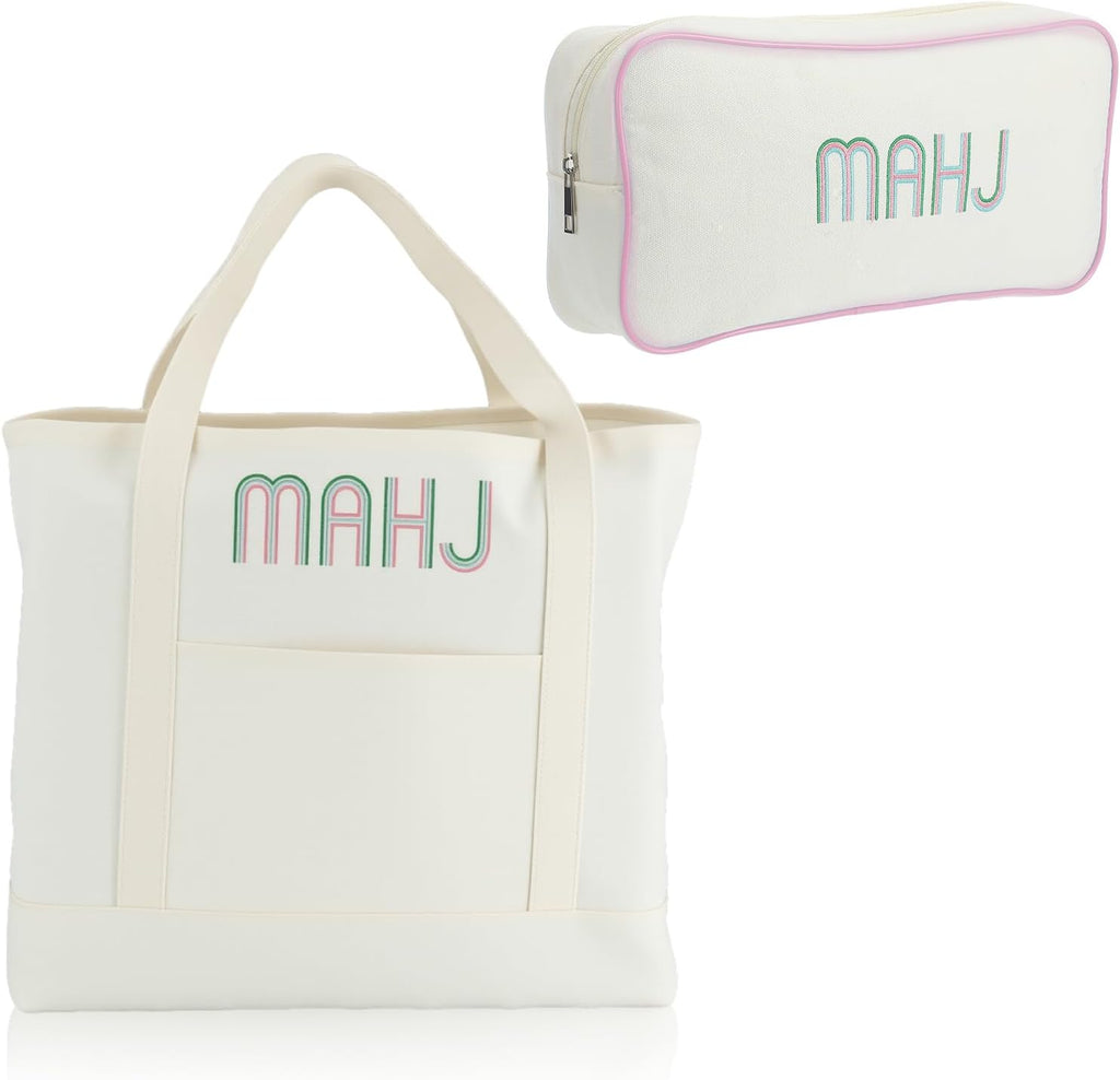 SilTriangle 2 Bolsas Tote de Mahjong Bordadas (Grande y Extra Grande) | Bolso de Lona para Fichas de Mahjong | Regalo para Amantes del Mahjong | Rosa