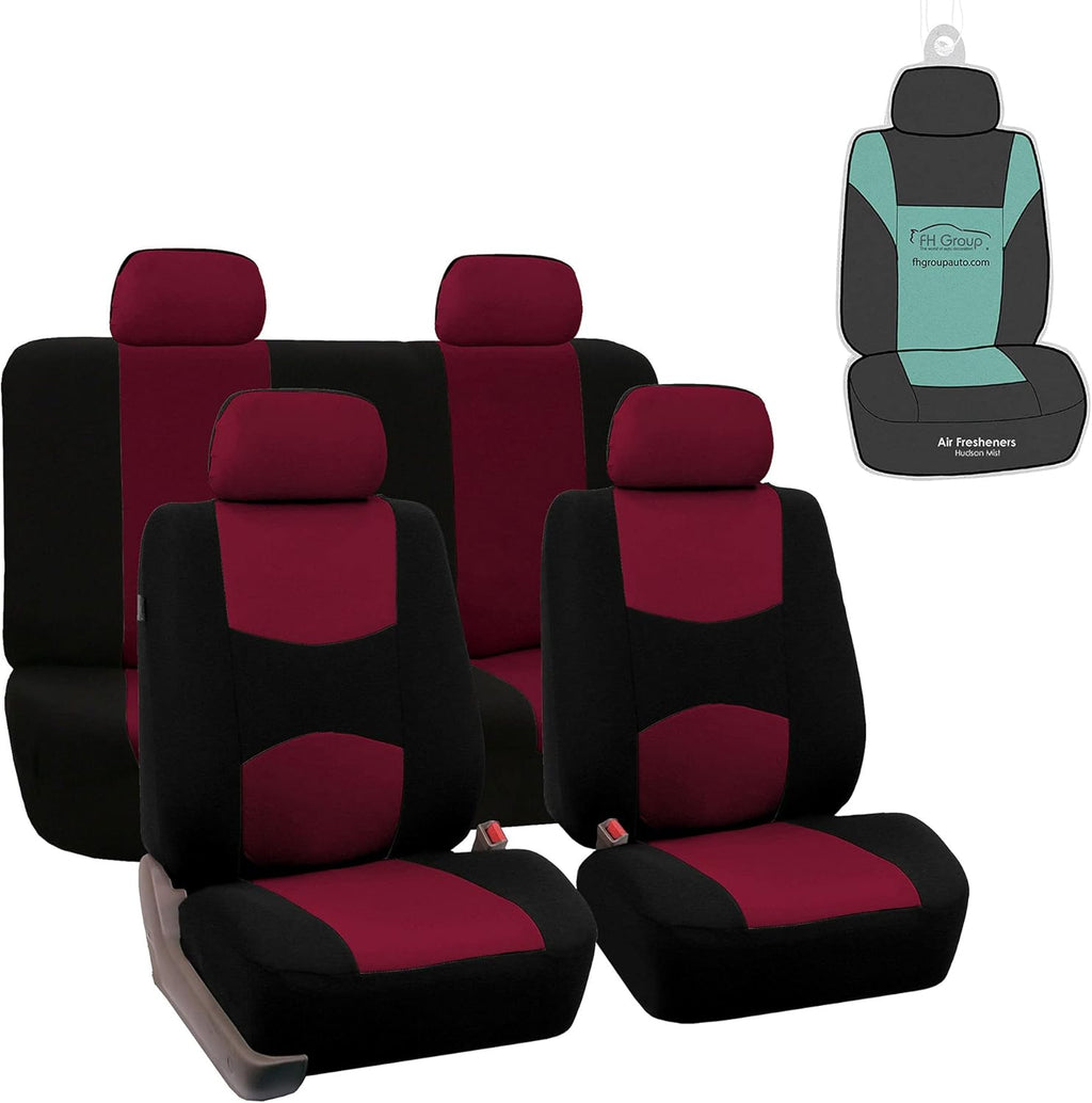 Juego completo de fundas de tela planas para asientos delanteros y traseros sólidos FH Group con regalo - Ajuste universal para autos, camionetas y SUV (Borgoña) 