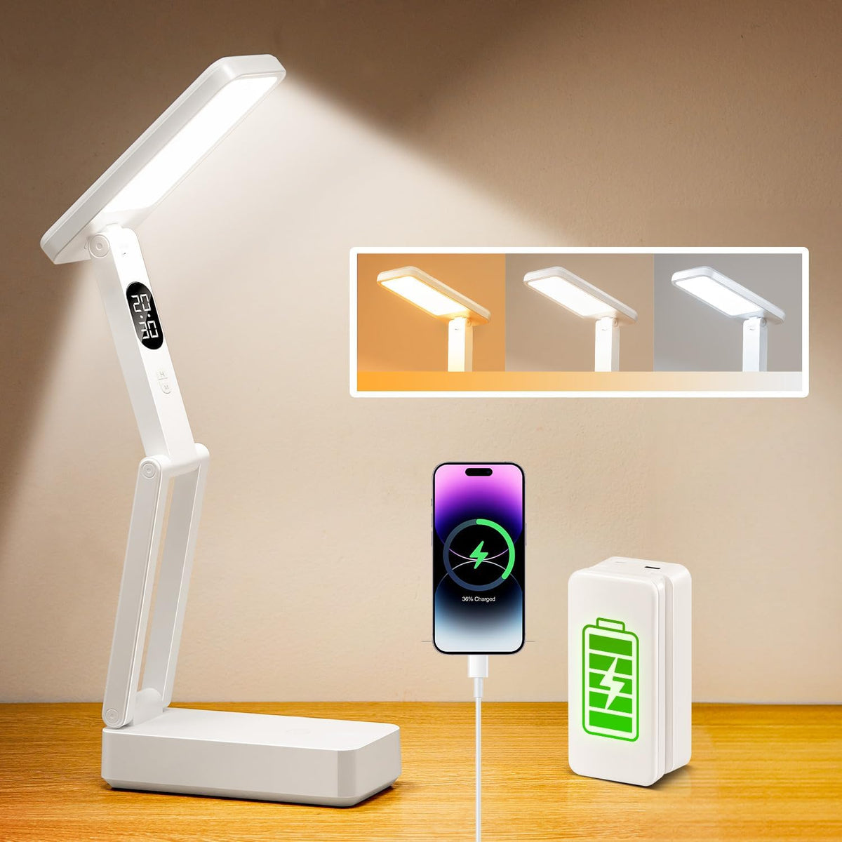 Lámpara de Escritorio LED Portátil – Batera 10000 mAh, 3 Colores Regulables, Reloj Digital, USB y Temporizador