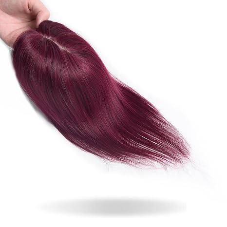 Peluca Clip de Cabello Humano Remy Borgoña 16 Pulgadas | Toupé sin Costuras con Base de Encaje para Engrosar el Cabello