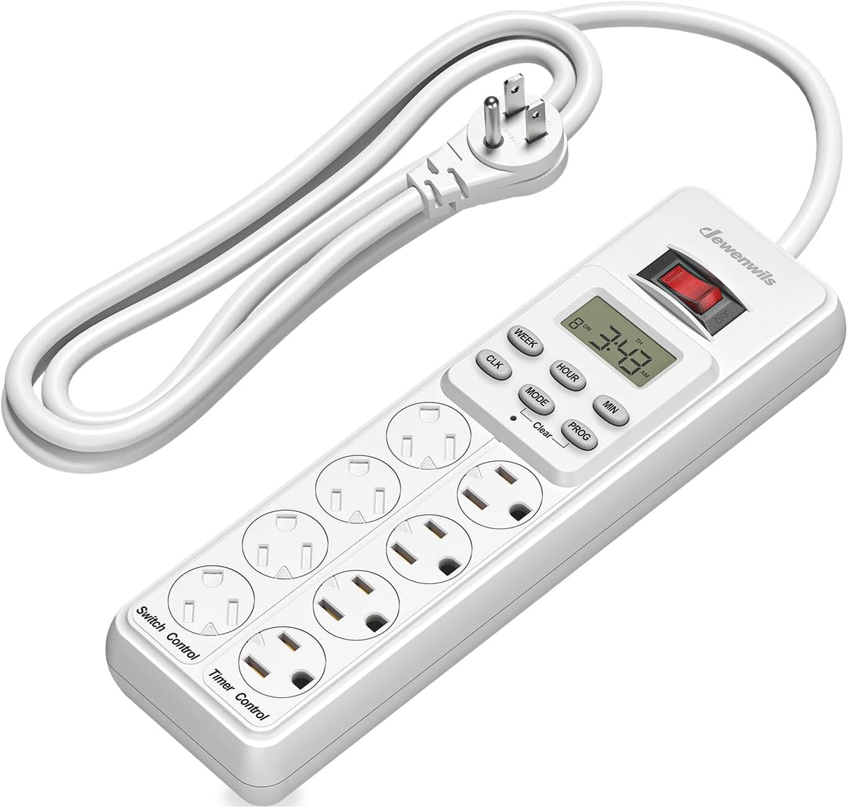 Regleta de enchufes DEWENWILS de 8 tomas con temporizador (4 con temporizador/4 siempre encendidas), enchufe digital para interiores para lámparas de reptiles, lámparas de cultivo de tortugas, terrarios de dragones barbudos, acuarios, cable plano de 1,8