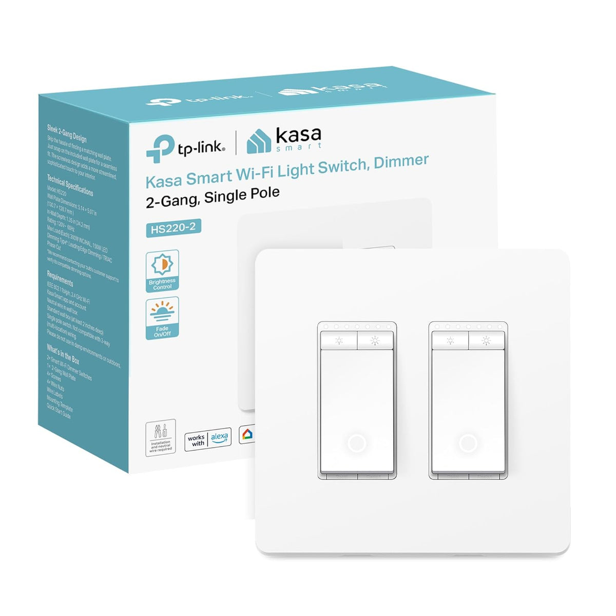 Interruptor Regulador Inteligente Kasa HS220-2 de 2 Módulos | Wi-Fi 2.4GHz, Polo Simple, Requiere Neutro | Compatible con Alexa y Google Home | Certificado UL | Blanco