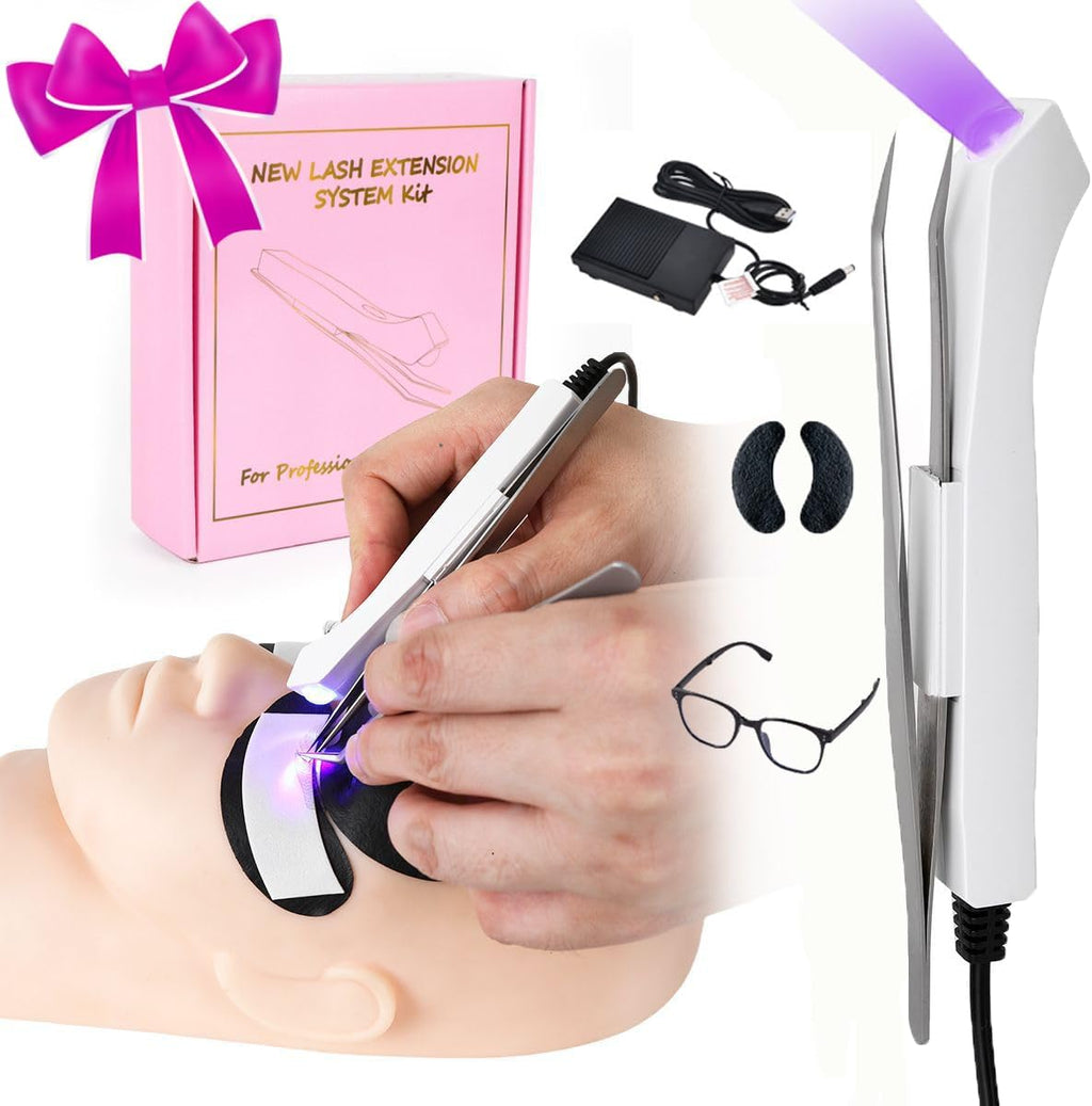 Lezekar Uv Lash Lamp with Foot Pedal Portable Eyelash Extension Lamp Uv Eyelash Extension Curing Light for Nails Art US Plug Comes with Tweezers Stickers and Goggles(White)