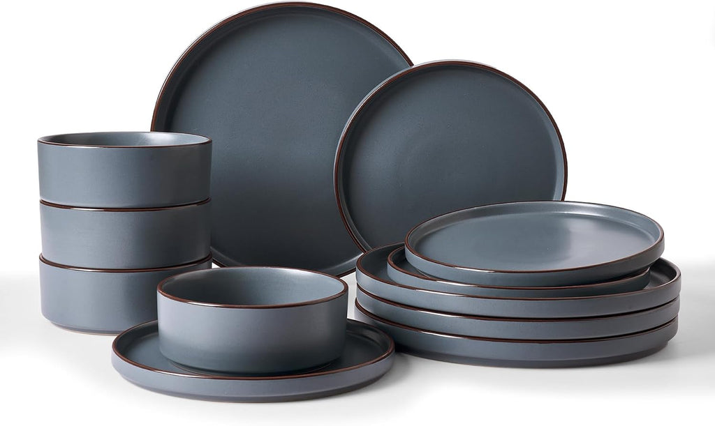 FALTAN 1 PLATO GRANDE Y 1 PEQUE. Vajilla de Gres Famiware Nebula Ridge 12 Piezas | Set de Platos y Tazones para 4 Personas | Apto para Microondas y Lavavajillas | Color Carbón