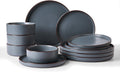 FALTAN 1 PLATO GRANDE Y 1 PEQUE. Vajilla de Gres Famiware Nebula Ridge 12 Piezas | Set de Platos y Tazones para 4 Personas | Apto para Microondas y Lavavajillas | Color Carbón