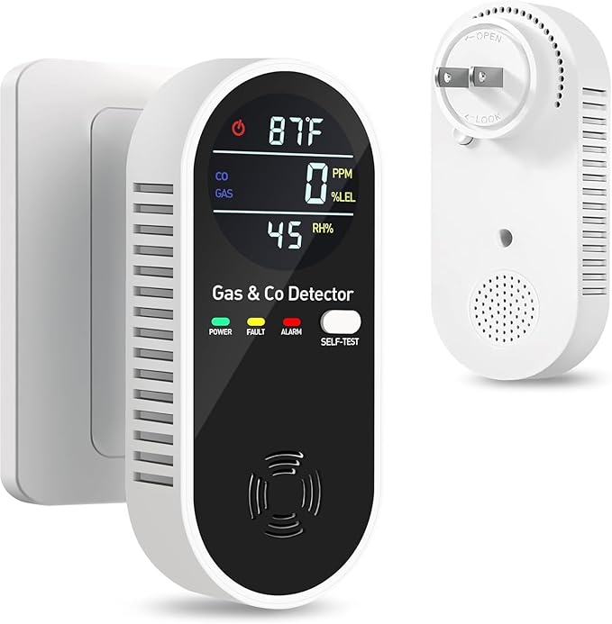 Detector de Monóxido de Carbono y Gas Natural 4 en 1 — Alarma Dual con Sensor de Temperatura y Humedad, Pack x2 Negro
