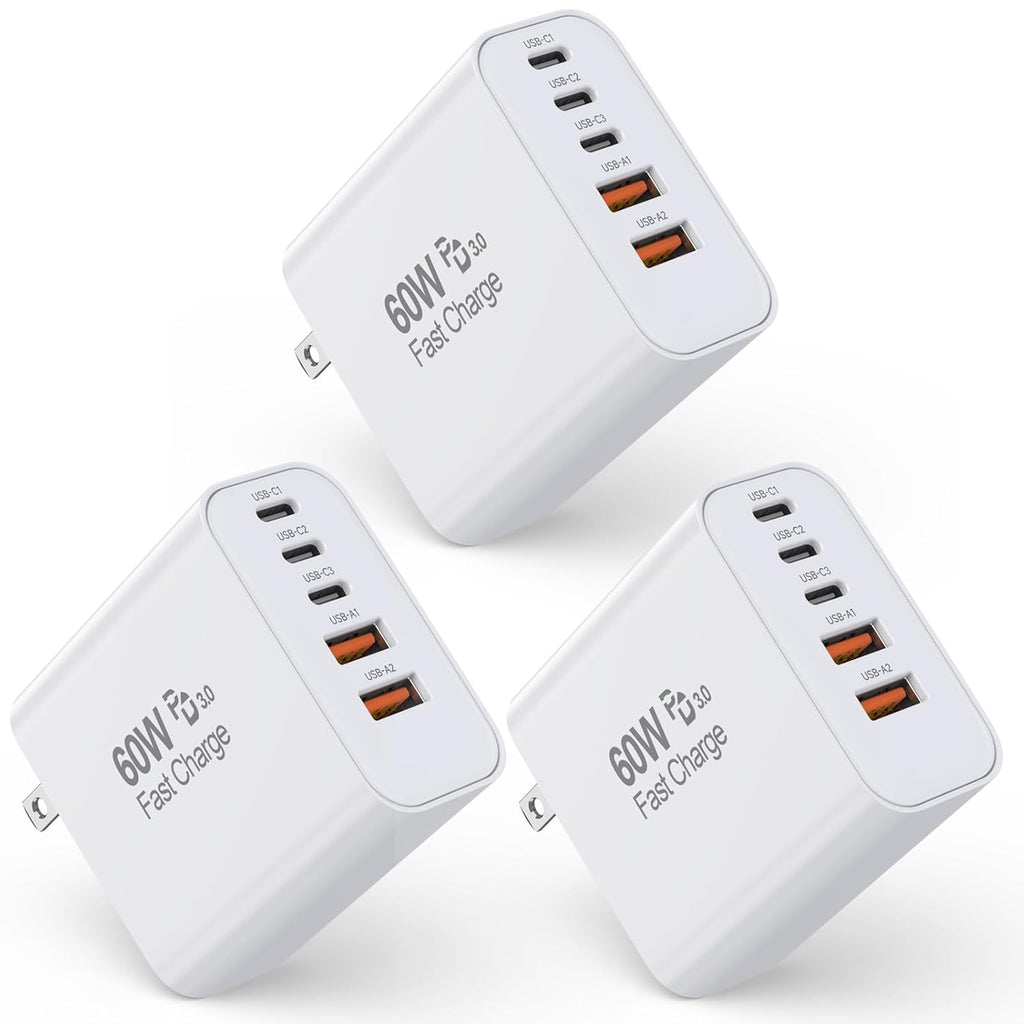 Cargador USB-C de Pared 60W PD 5 en 1 | Carga Rápida Multipuerto | Compatible con iPhone 17/16/15/14/13/12/11 y iPad | Pack de 3