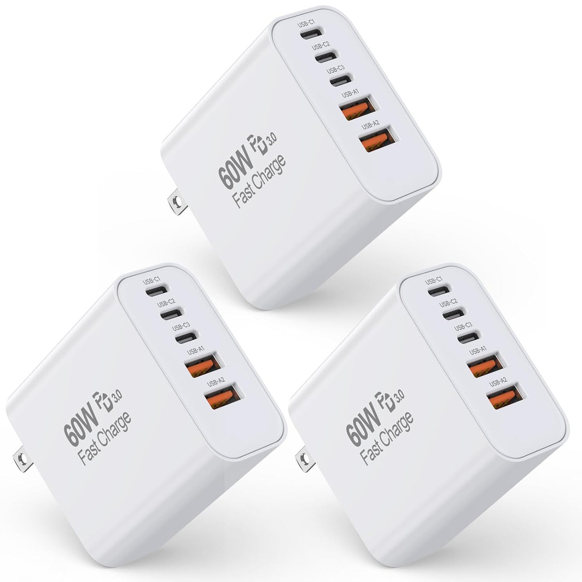 Cargador USB-C de Pared 60W PD 5 en 1 | Carga Rápida Multipuerto | Compatible con iPhone 17/16/15/14/13/12/11 y iPad | Pack de 3