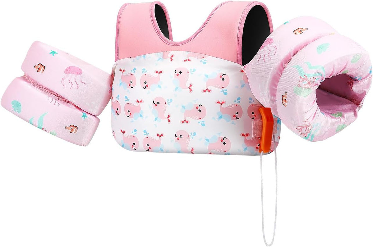 Chaleco de Natación para Niños HeySplash Diseño Ballena Rosa | Flotador Ajustable con Brazales de Espuma para 15-30 kg