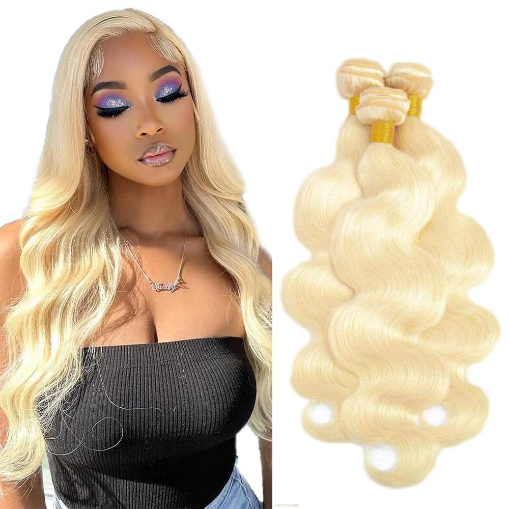 3 Paquetes Cabello Humano Rubio #613 Ondulado | 28"+30"+32" Doble Trama | 50g/Paquete 150g Total | Extensiones para Mujer | 1 Set