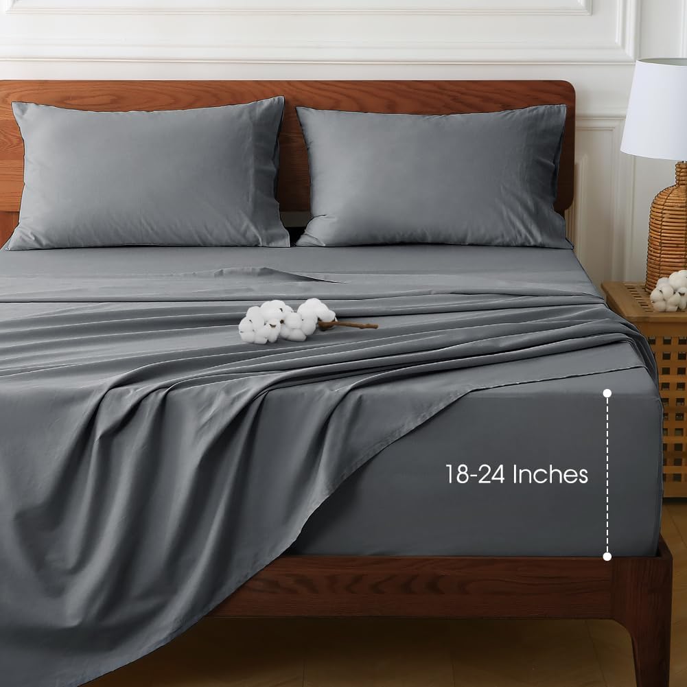 Juego de sábanas Queen HYPREST de bolsillo extra profundo, apto para colchones de 45-60 cm de grosor - Juego de sábanas Queen 100% algodón, gris, lujo hotelero, juego de sábanas suaves y refrescantes para cama Queen, bolsillo profundo