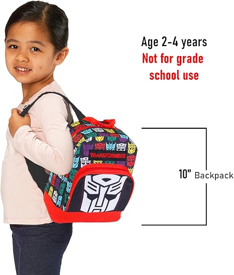 Transformers Mini mochila – Mochila pequeña tejida exclusiva de 10 pulgadas con bolsillo frontal y paquete de botones | Se ajusta para adaptarse a adultos, adolescentes, niños