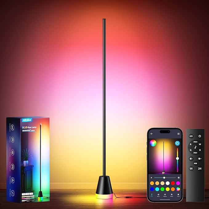 Alfolive RGB Floor Lamp, Smart LED Corner Lamp for Living Room Bedroom, 16 Million DIY Colors Standing Lamp with Music Sync App & Remote Control, Cool Modern Mood Light Ambient Lighting, Black