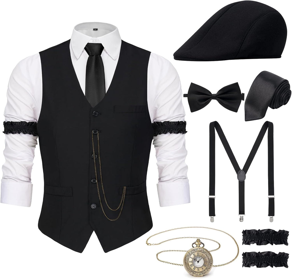 Kit Disfraz Gánster Gatsby Años 20 YESSA para Hombre | Sombrero Chaleco Reloj de Bolsillo Tirantes Corbata | Locos Años 20 | 1 Set