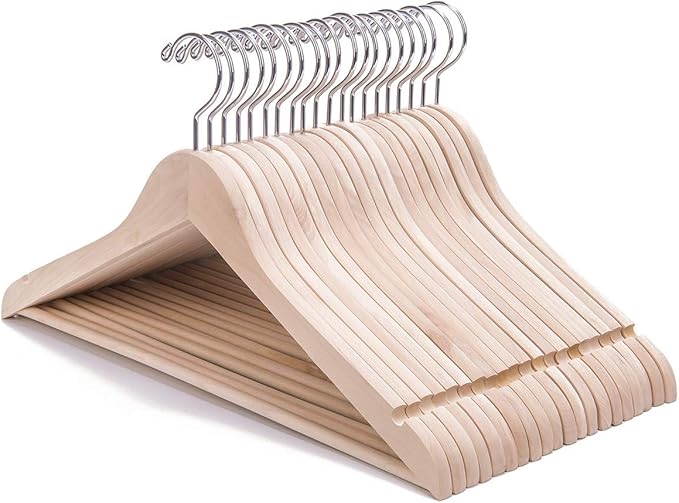 Nature Smile Paquete de 20 perchas de madera maciza natural sin terminar con muescas y barra de corte extra suave, gancho giratorio 360° más fuerte