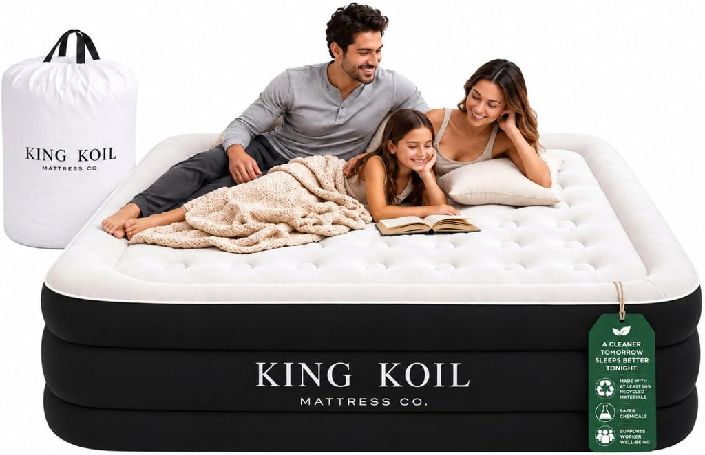 Colchón inflable King Koil Luxury Pillow Top tamaño Queen con bomba de alta velocidad incorporada. Ideal para el hogar, camping e invitados. Colchón inflable doble ajustable de 50 cm (20 pulgadas) tamaño Queen, resistente al agua, con 1 año de garantía.
