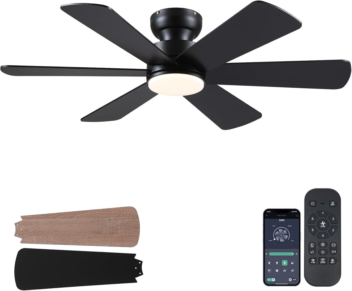 USADO-BayDay Ventiladores de techo de 46 pulgadas con luces, ventilador de techo negro con aplicación remota, 6 aspas modernas/rústicas de doble cara, reversible, 3CCT, ventilador de techo de perfil bajo de montaje empotrado con luces, dormitorio, cocina