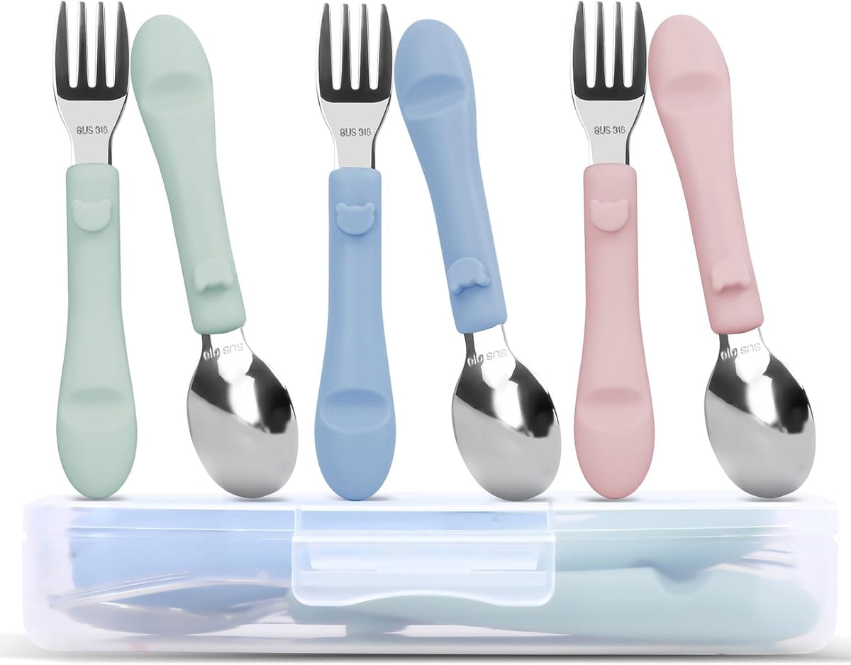 Set de Cubiertos Bakpoco para Bebés y Niños 6 Piezas — Acero Inoxidable 316 con Mango de Silicona