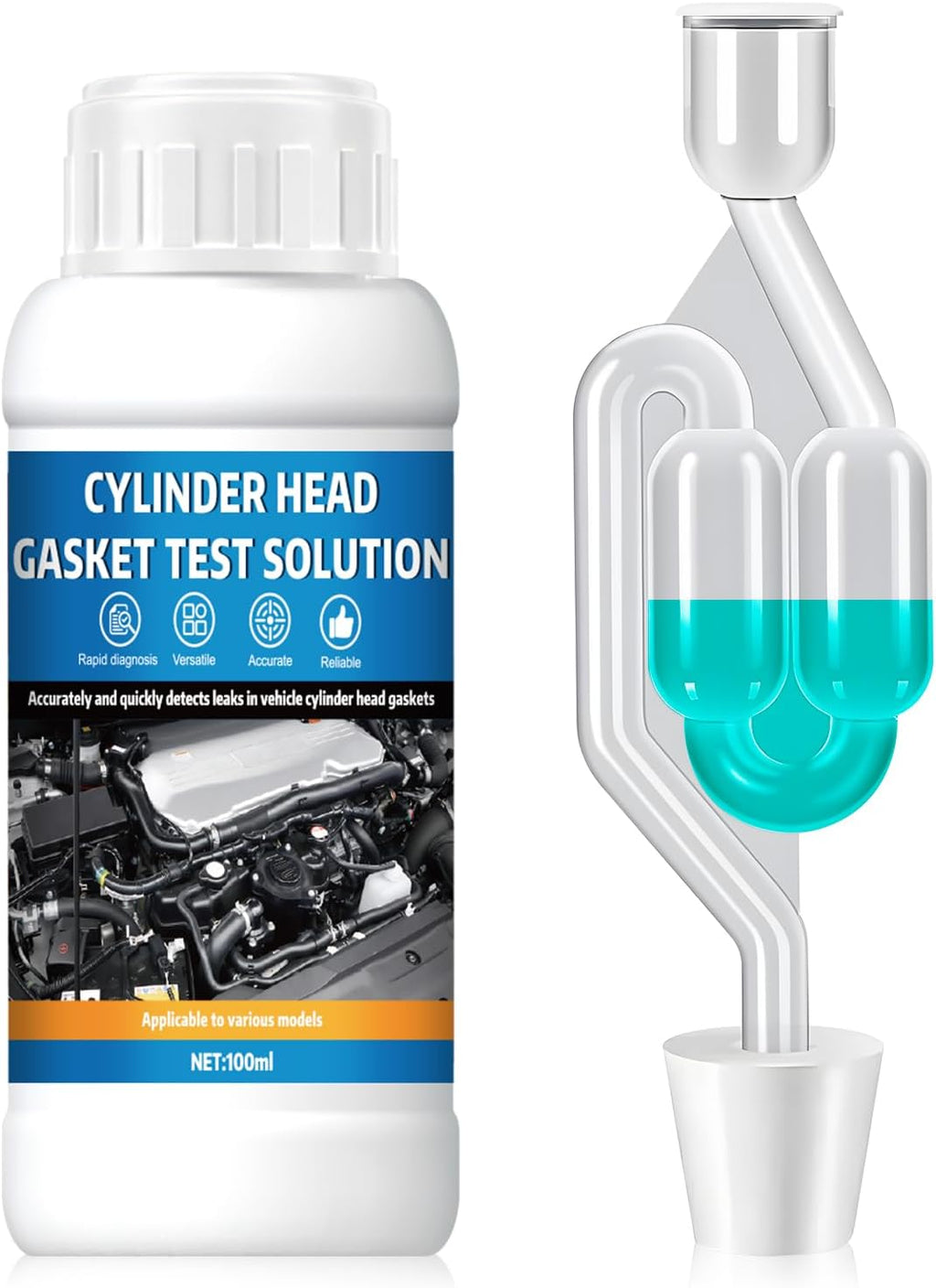 Prueba de CO2 para juntas de culata, comprobador de juntas de culata, diagnóstico rápido y fiable - hasta 50 pruebas, kit universal de reactivo líquido para coches y motocicletas, 100 ml