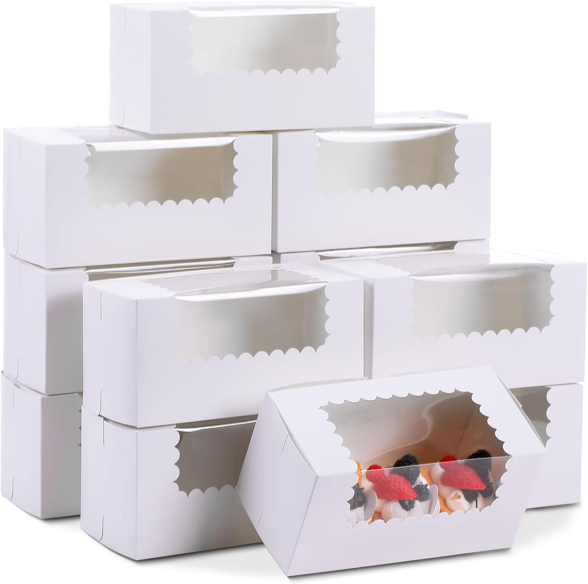 Cajas de Panadería con Ventana Ireer 8"x4"x4" Blancas – Para Galletas, Donas, Muffins y Postres