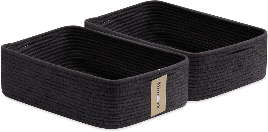 Canastas Organizadoras Poco Profundas MiniArk 15x11x5.1 Pulgadas | Cestas de Cuerda Tejida | Para Baño, Estantes y Clóset | Negro | Pack de 2