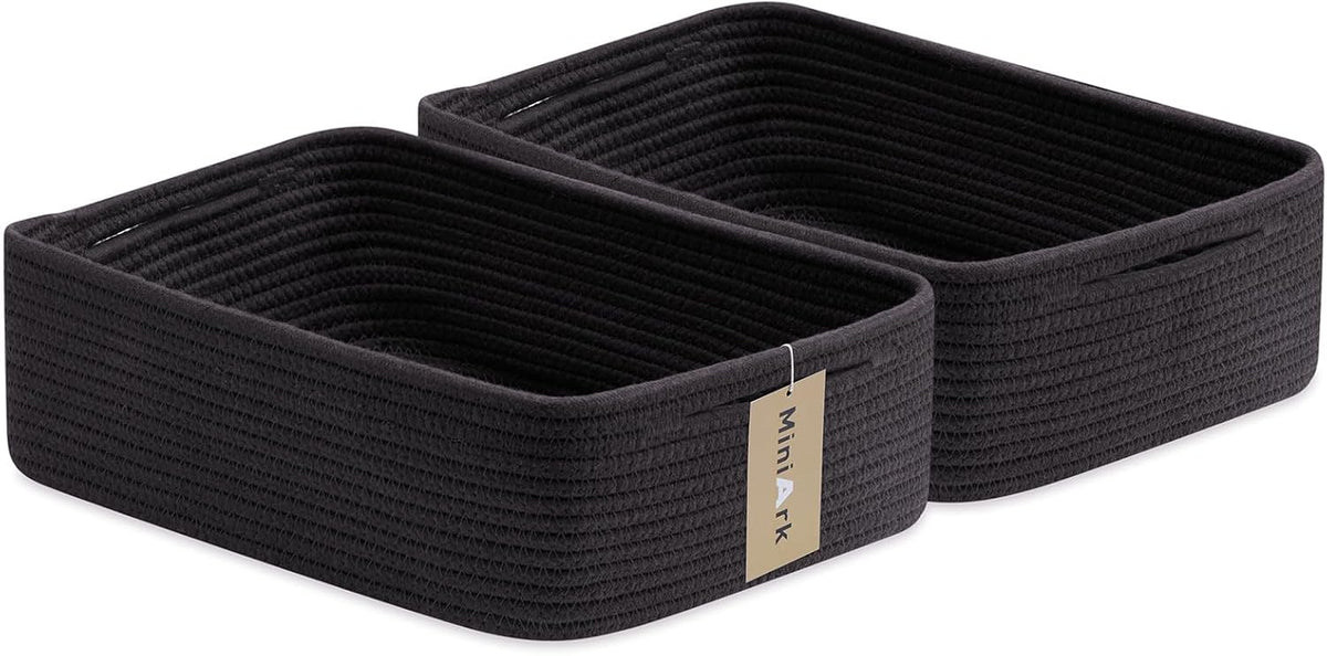 Canastas Organizadoras Poco Profundas MiniArk 15x11x5.1 Pulgadas | Cestas de Cuerda Tejida | Para Baño, Estantes y Clóset | Negro | Pack de 2