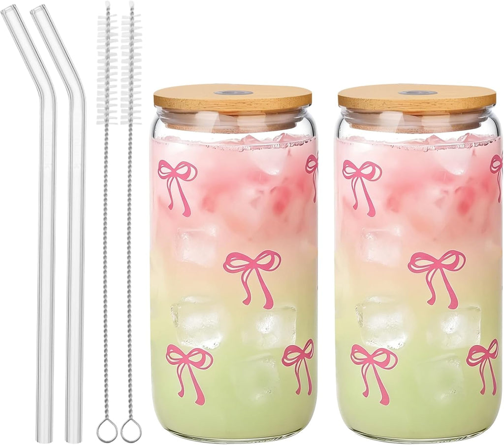 Vasos de Vidrio GLECTG 2 Piezas con Moños Rosas, Tapas y Pajitas, Vasos de Café Helado Estéticos, Diseño Preppy, Regalos Cumpleaños y San Valentín, 473ml