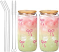 Vasos de Vidrio GLECTG 2 Piezas con Moños Rosas, Tapas y Pajitas, Vasos de Café Helado Estéticos, Diseño Preppy, Regalos Cumpleaños y San Valentín, 473ml