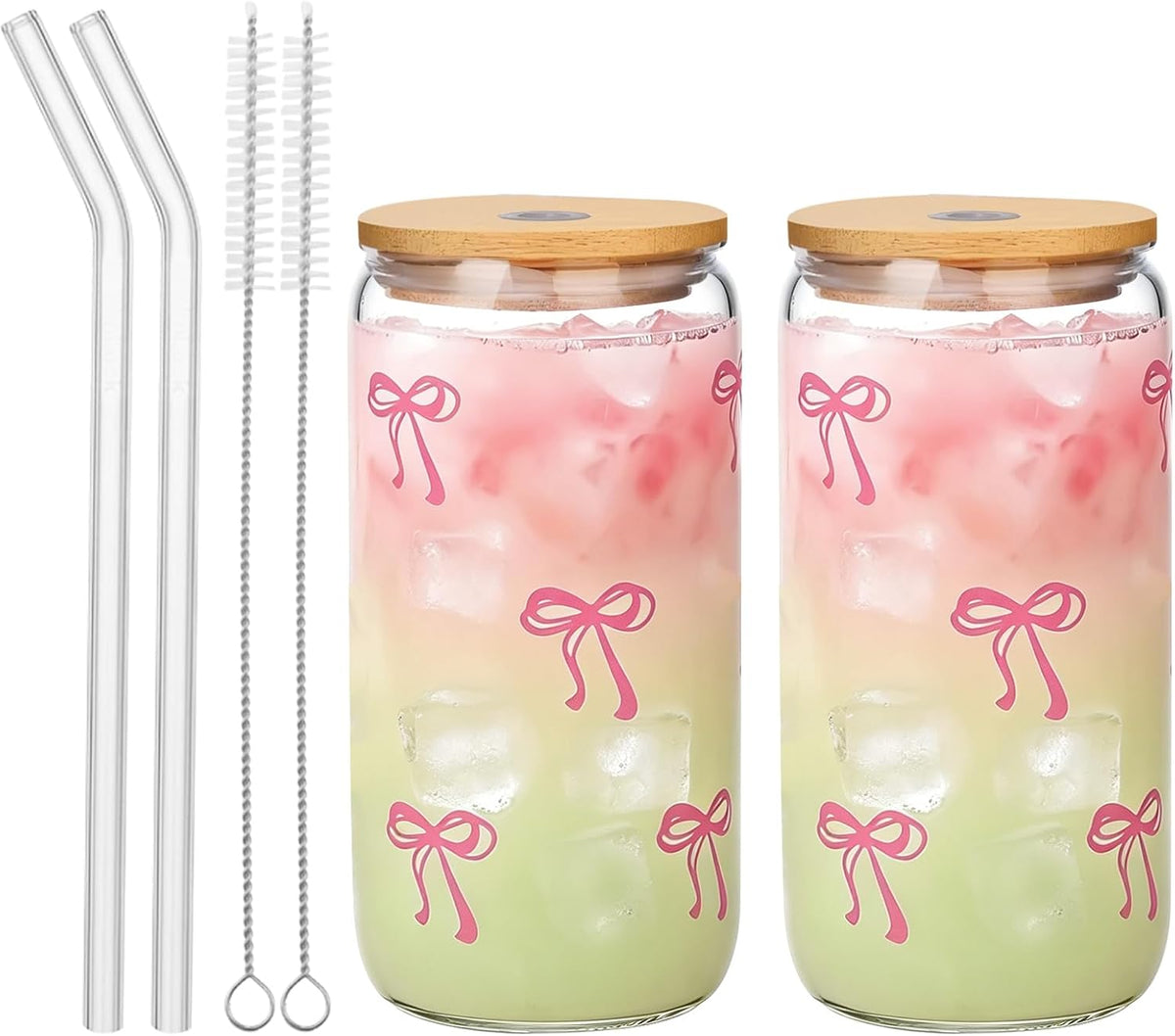 Vasos de Vidrio GLECTG 2 Piezas con Moños Rosas, Tapas y Pajitas, Vasos de Café Helado Estéticos, Diseño Preppy, Regalos Cumpleaños y San Valentín, 473ml