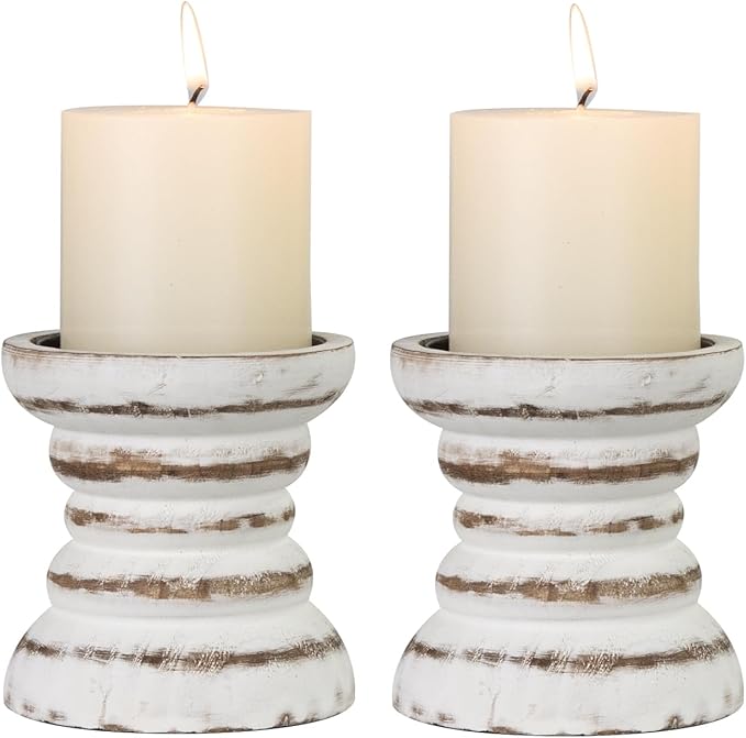 Portavelas para Vela de Pilar Juego de 2, Portavelas de Madera Estilo Granja, Soporte de Vela de Madera Rústico, Portavelas Pequeños de Madera Vintage para Sala de Estar, Centro de Mesa, Blanco