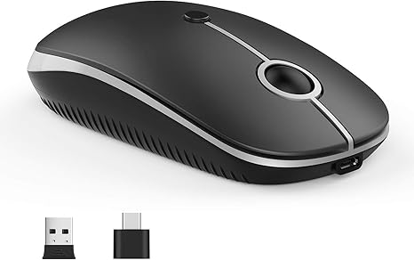 VssoPlor Ratón inalámbrico tipo C, USB C MacBook, mouse inalámbrico de modo dual con USB y receptor tipo C compatible con PC, laptop, MacBook y todos los dispositivos USB C, negro y plateado