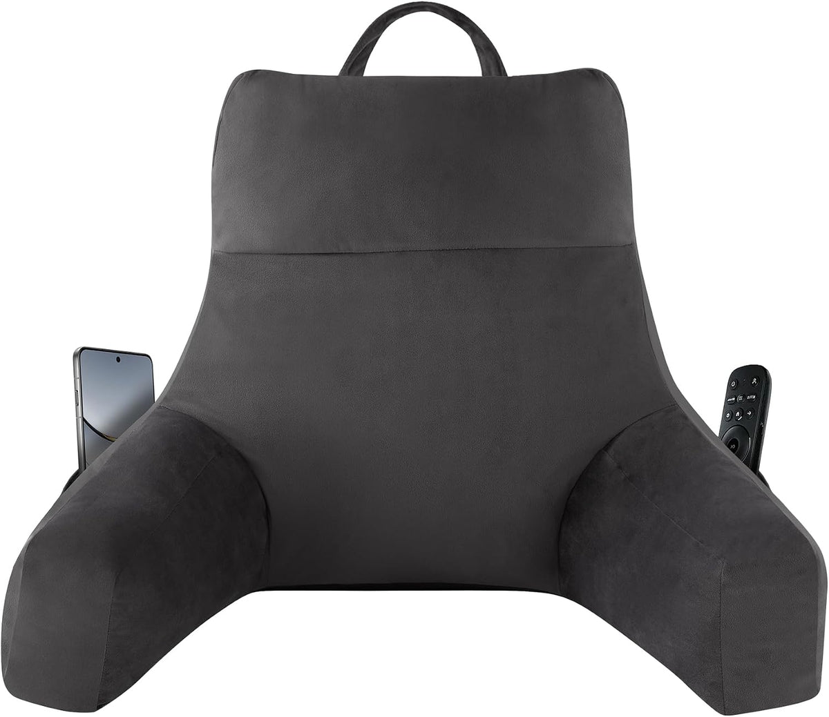 Almohada de lectura IPYNBAP con brazos para adultos, almohada para la espalda para sentarse en la cama, almohada de respaldo de espuma viscoelástica triturada con bolsillos y funda extraíble y lavable, para descansar (20 pulgadas, gris)