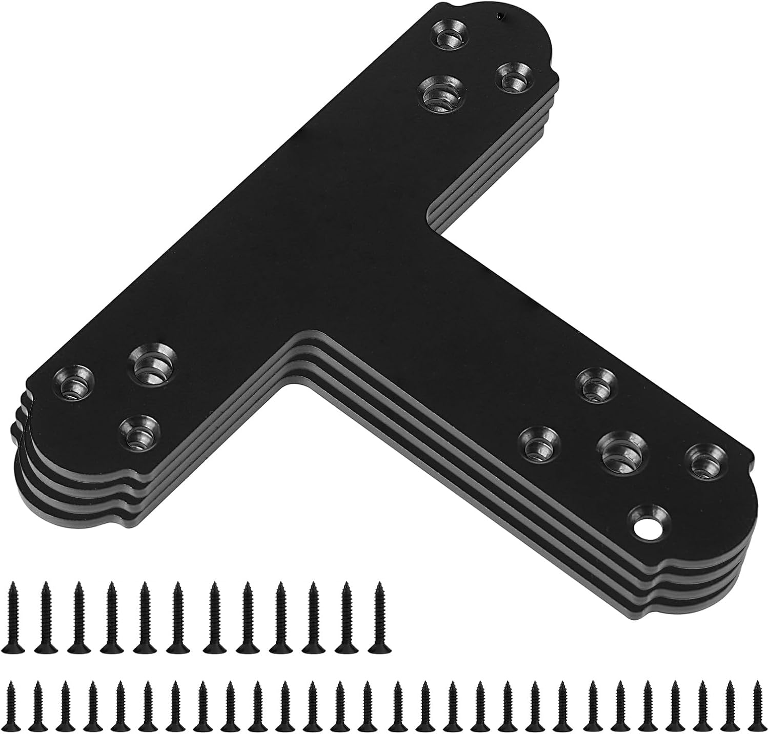Rasugarlary Black T Bracket, 4 pcs T Post Brackets Pergola Post to Beam Connectors 4mm Thickness for Wood, Steel Repair Fixing Mending T Plate Bracket Flat Connector with Screws