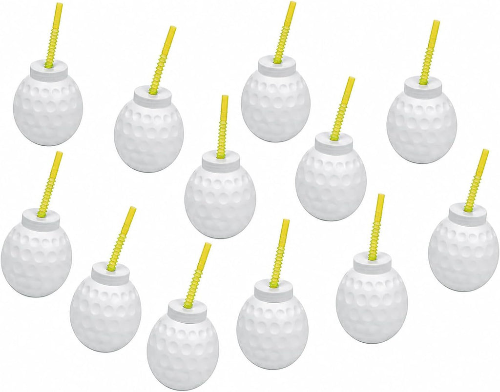Fun Express Vasos de Fiesta de Golf | Pack de 12 Vasos de Plástico 14 oz con Forma de Pelota, Tapas y Pajillas | Suministros de Cumpleaños Temáticos