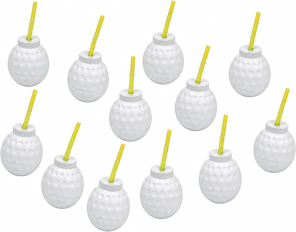 Fun Express Vasos de Fiesta de Golf | Pack de 12 Vasos de Plástico 14 oz con Forma de Pelota, Tapas y Pajillas | Suministros de Cumpleaños Temáticos