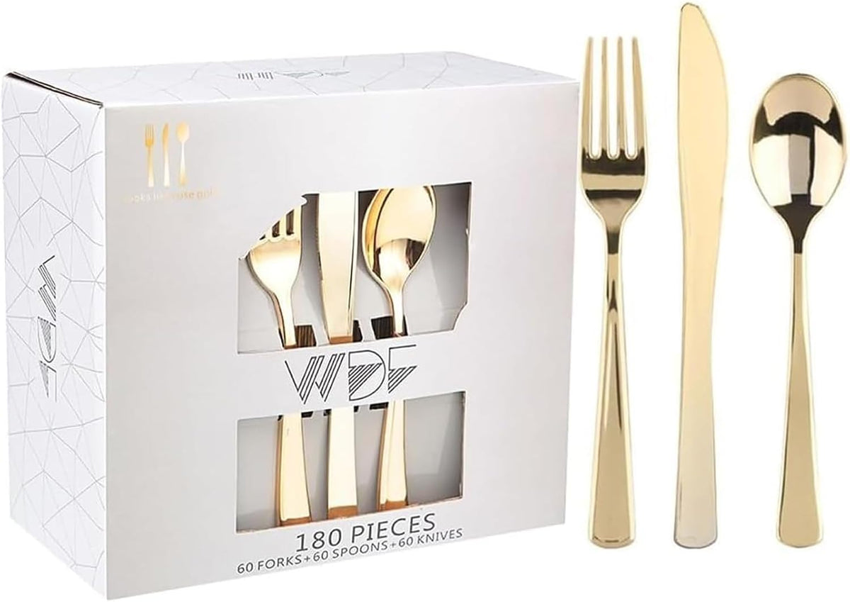 WDF Juego de cubiertos desechables de plástico dorado de 180 piezas: 60 tenedores, 60 cuchillos y 60 cucharas. Cubiertos de plástico dorado de alta resistencia. Utensilios para baby shower, boda y primavera.